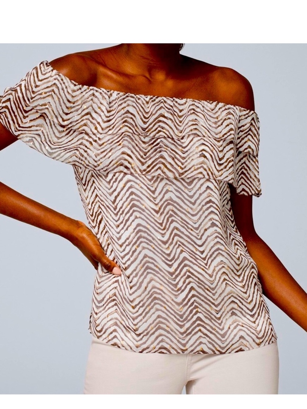 White House Black Market Zebra Print Off Shoulder Tiered Blouse Size Medium